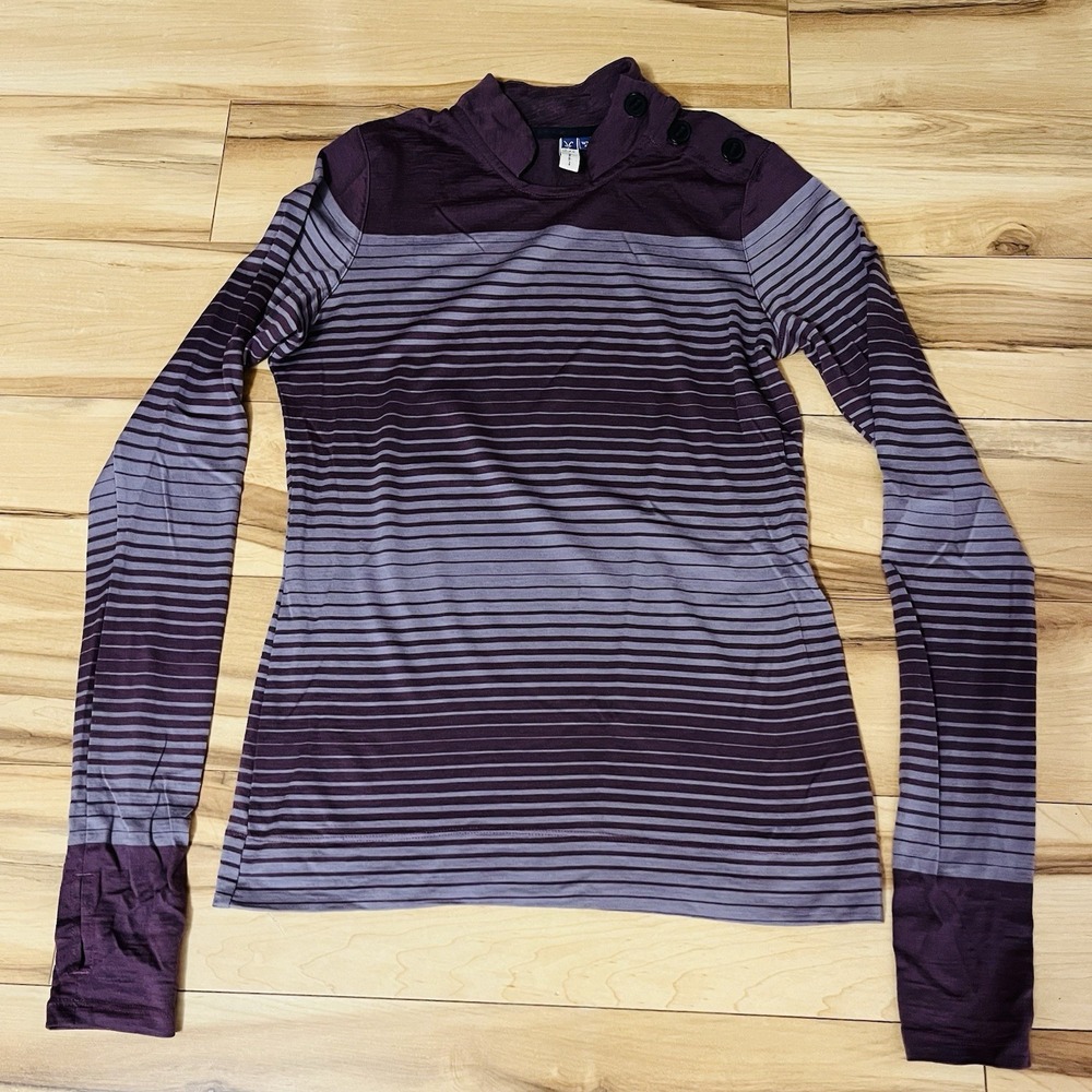 Ibex Women's Sz S Purple Stripe Merino Wool Long Sleeve Top W/Shoulder Buttons
